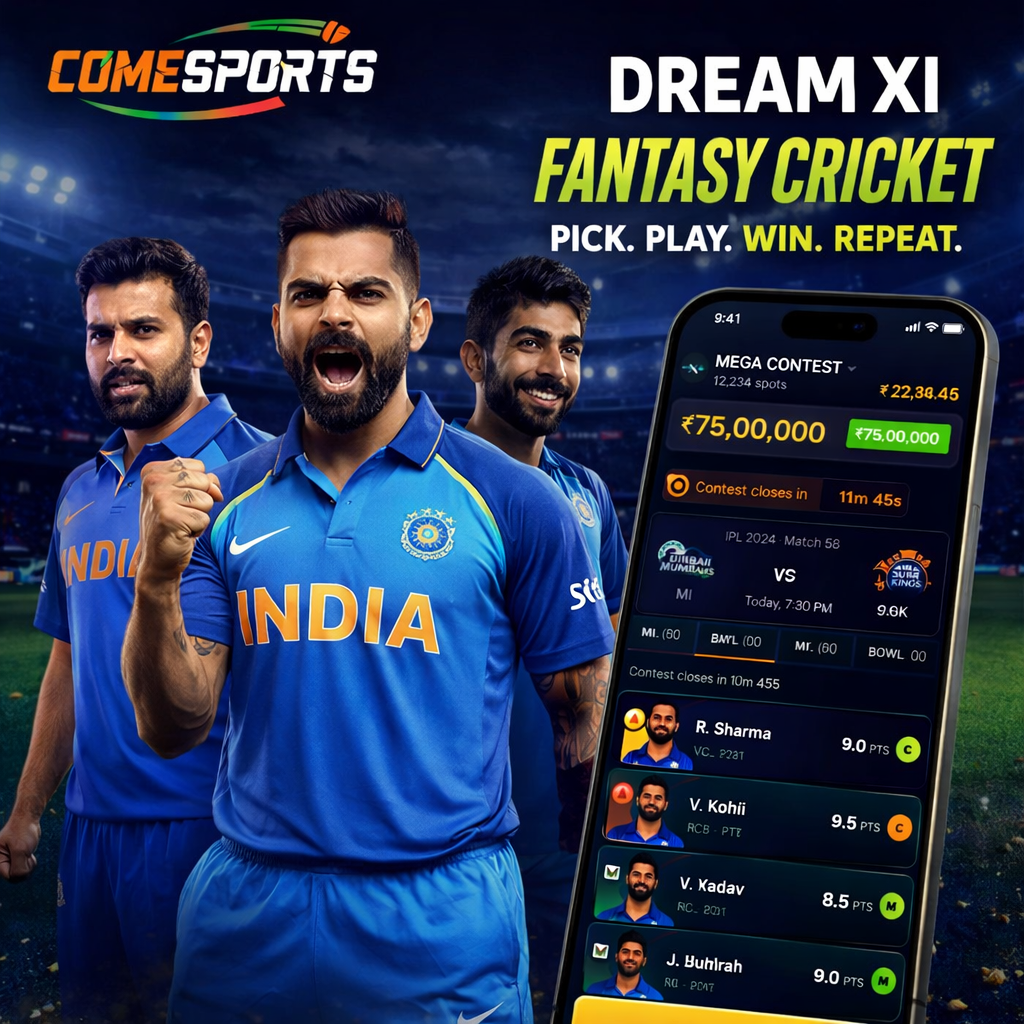 Come Club App fantasy cricket and India team visual