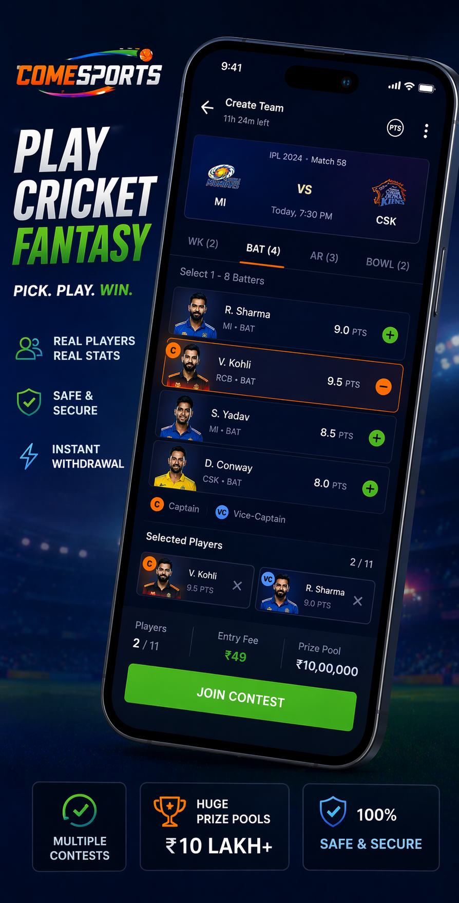 Come Club App cricket fantasy visual